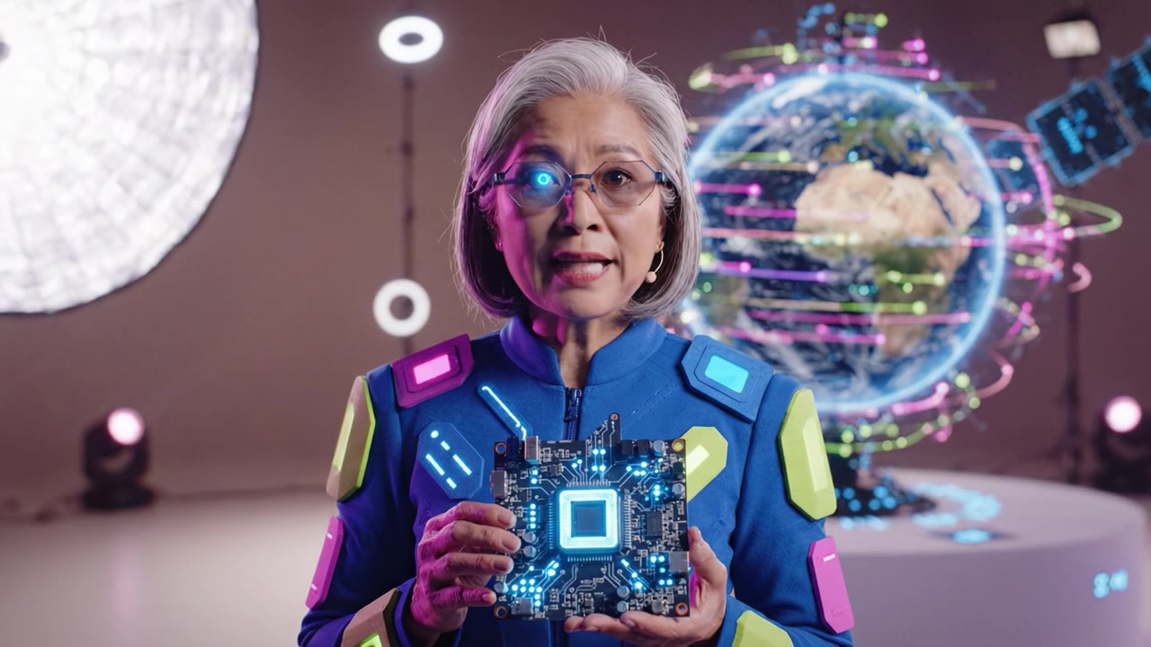 Innovative Technology Presentation by a Female Scientist Holding a Circuit Board in Front of a Digital Globe, Showcasing Future-Forward Scientific Advances and Data Visualization.