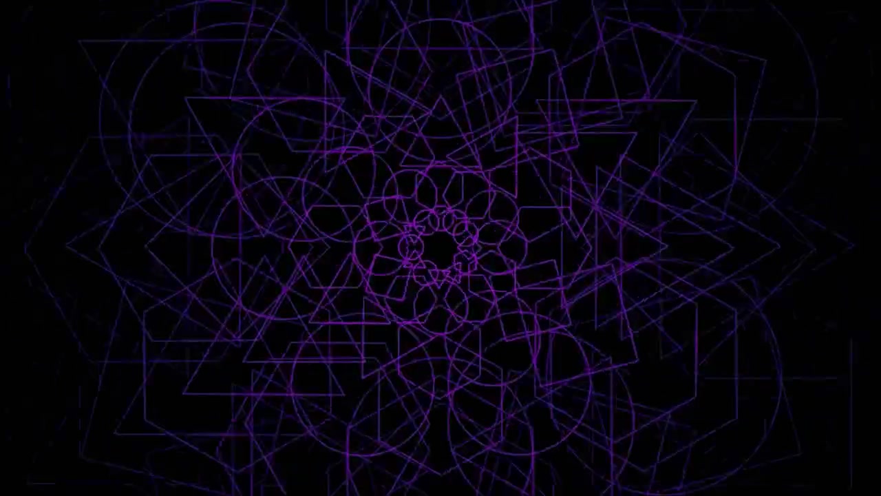 Motivo geometrico astratto viola in rotazione su sfondo nero