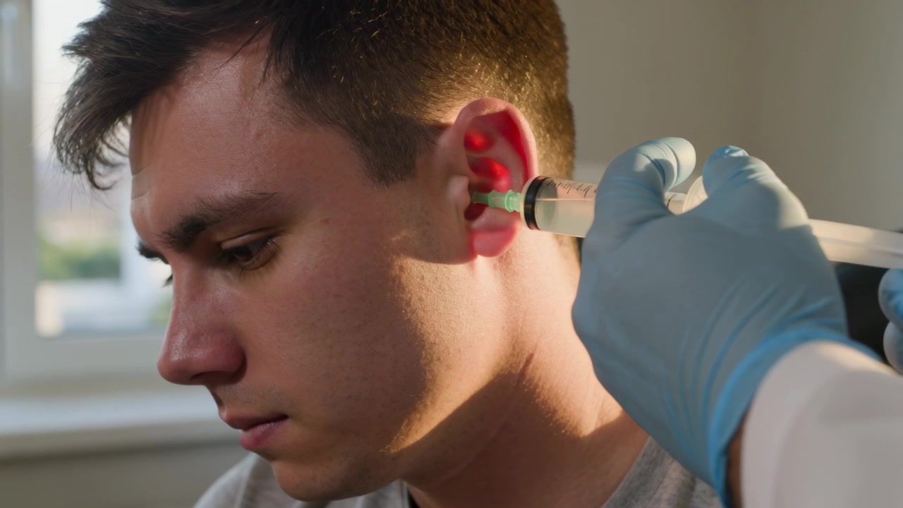 Uomo seduto in clinica che riceve un lavaggio auricolare per pulire l'orecchio, mentre una mano guantata inserisce una siringa.