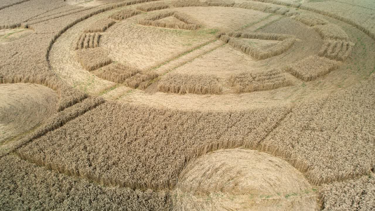 Swarraton barley field strange crop circle geometric pattern artwork aerial view reverse rising shot