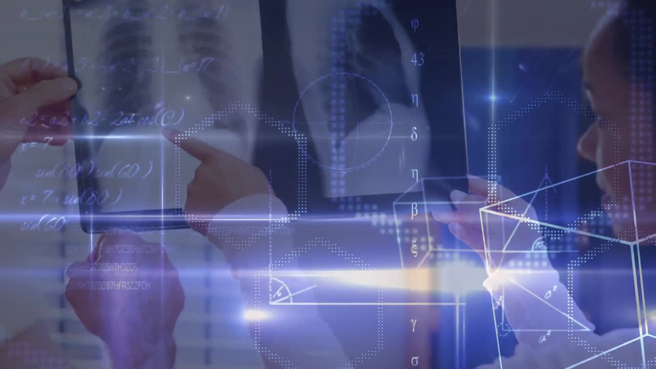 수학적 방정식이 남성과 여성 의사에 대해 움직이고 병원에서  ⁇ 스레이 보고서를 검사합니다.