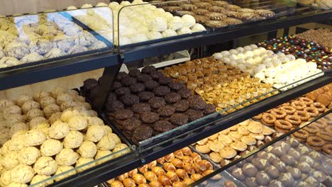 assorted baked goods display in a bakery