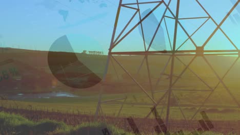 animation of data processing over electricity pylon and landscape