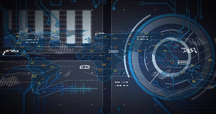 Opening with chart stabilizing world map grid fading HUD rotating hex data moving for monitoring