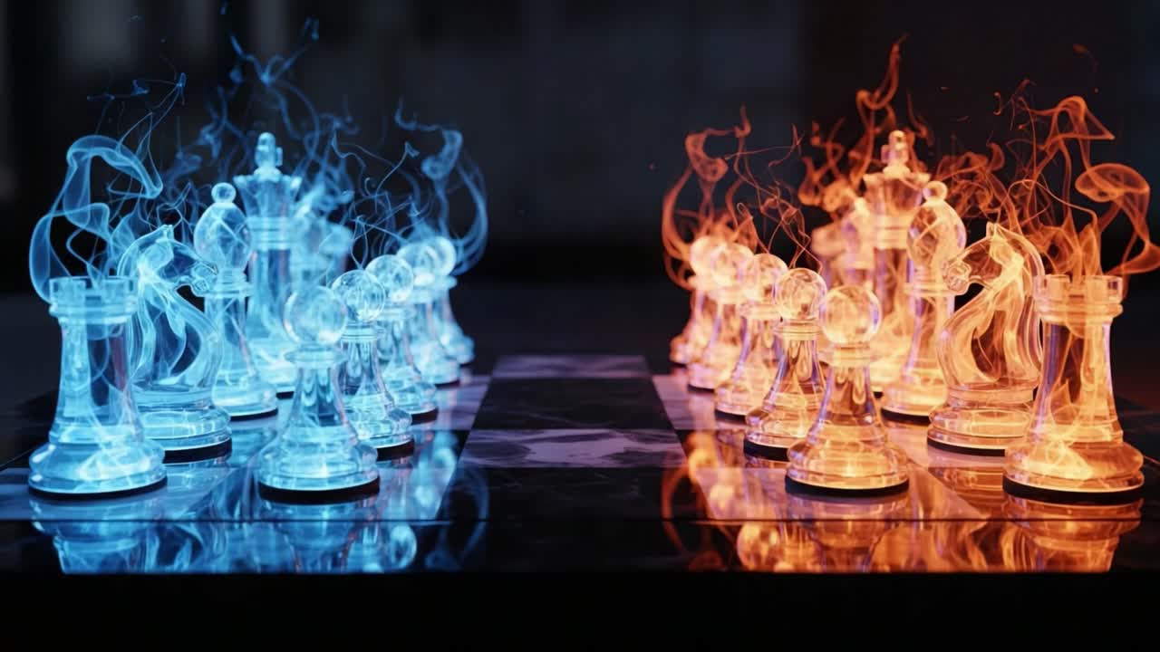 A Battle of Elements: A Striking Visual Contrast Between Fiery and Icy Chess Pieces Captured in a Dramatic Clash of Strategy and Aesthetics