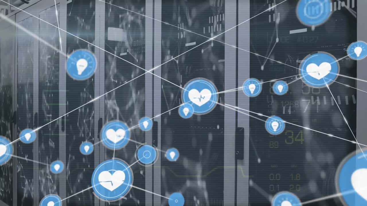 서버  ⁇ 과 데이터 처리에 대한 아이콘으로 연결 네트워크의 애니메이션