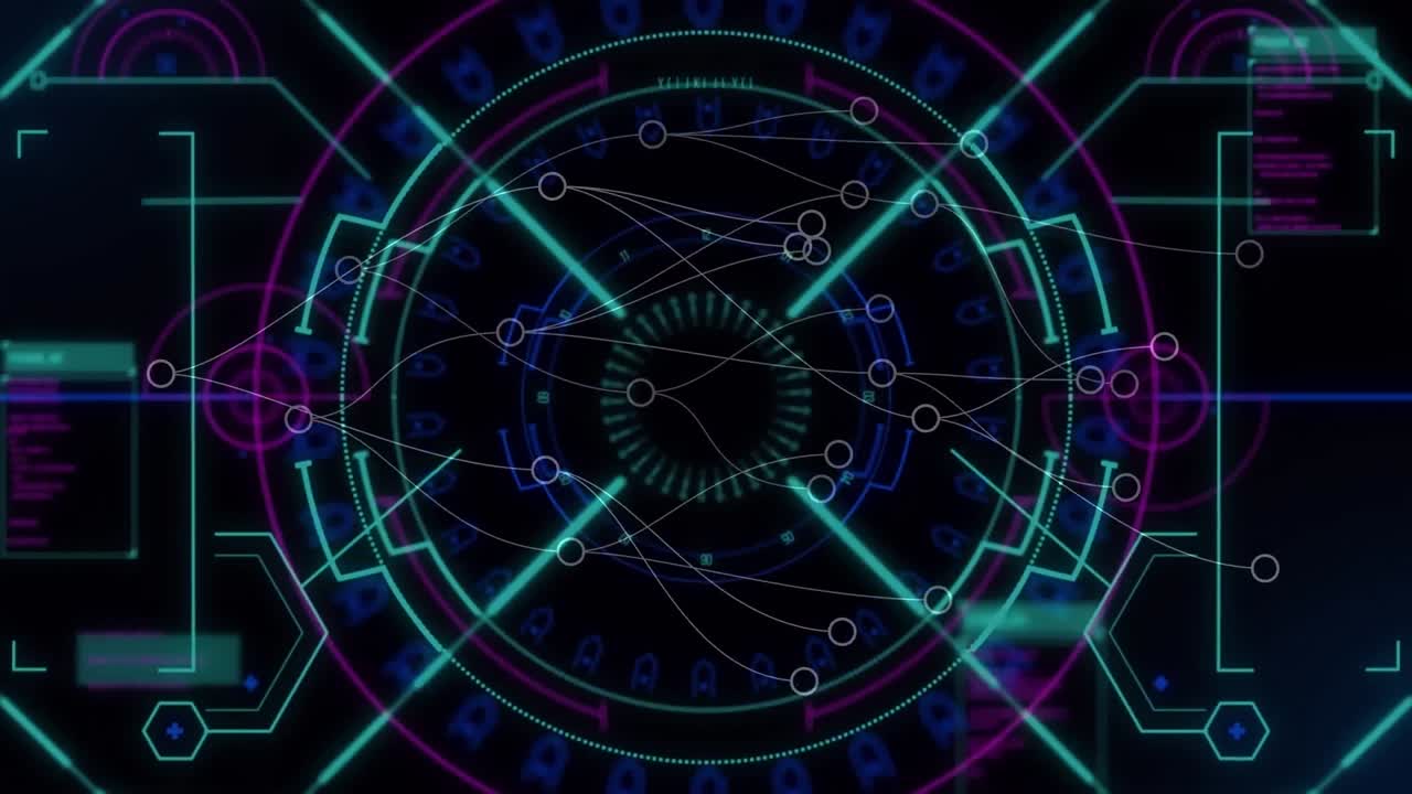 animación de la red de conexiones y escaneo de alcance con procesamiento de datos en fondo negro
