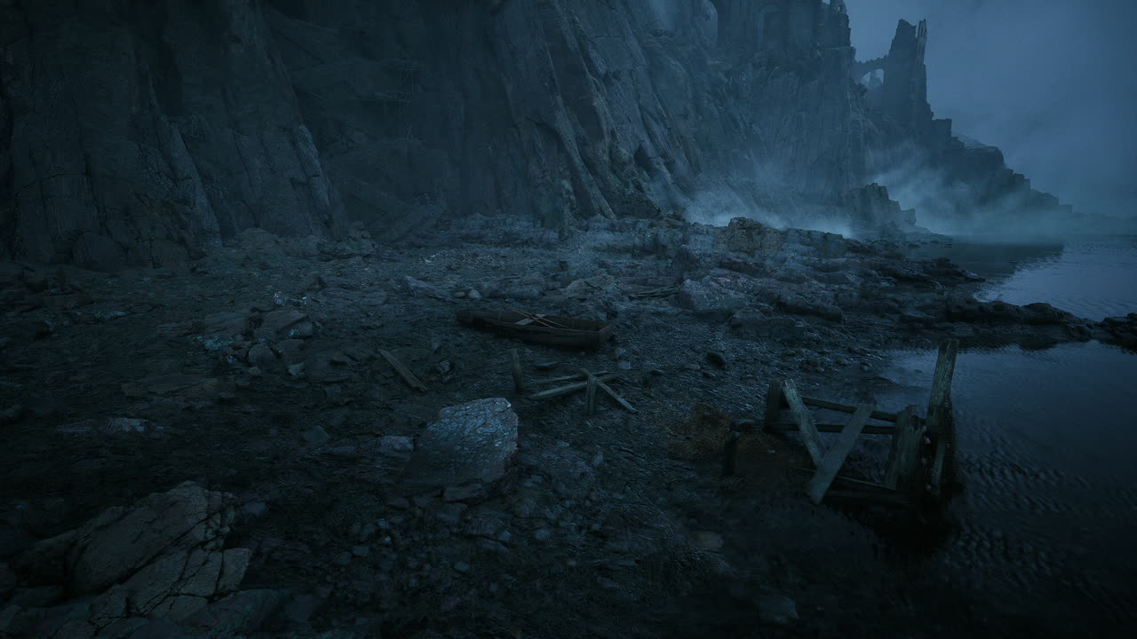 Rugged coastal landscape during twilight near rocky cliffs and calm waters