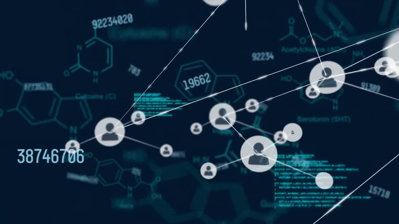 Animation of network of connections with digital icons and data processing in background