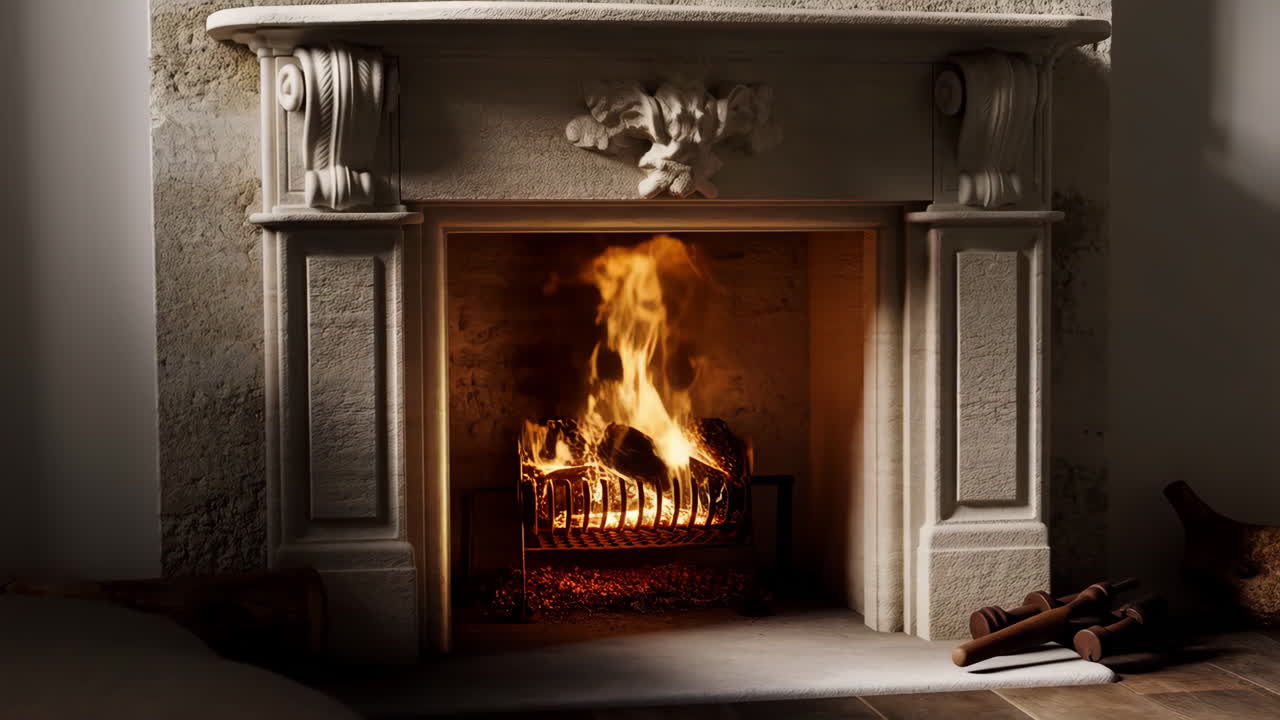 불타는 나무를 가진 쾌적한 벽난로