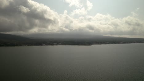 drone aerial over lake yamanaka and mount fuji, japan, asia
