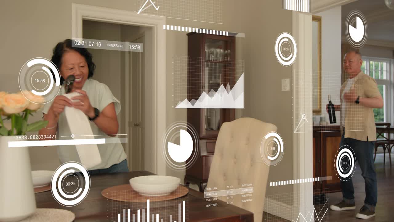 Man entering with vase, woman placing bowls, both aligning plates for dining HUD floating over room