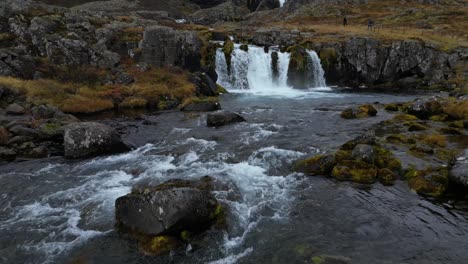 drone shot of dynjandi waterfall in iceland during winter in the morning3