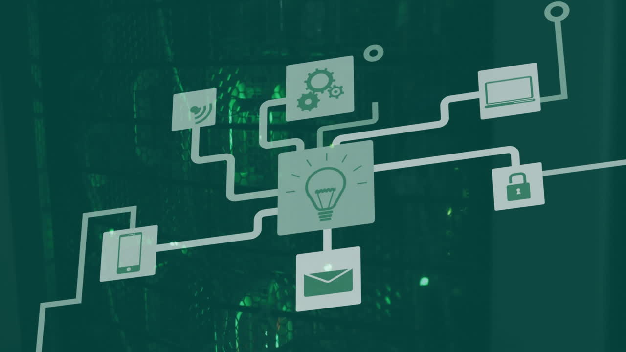 animación de iconos de medios sobre la sala del servidor