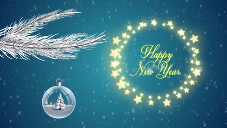 Animation-of-christmas-tree-with-happy-new-year-text-on-blue-background