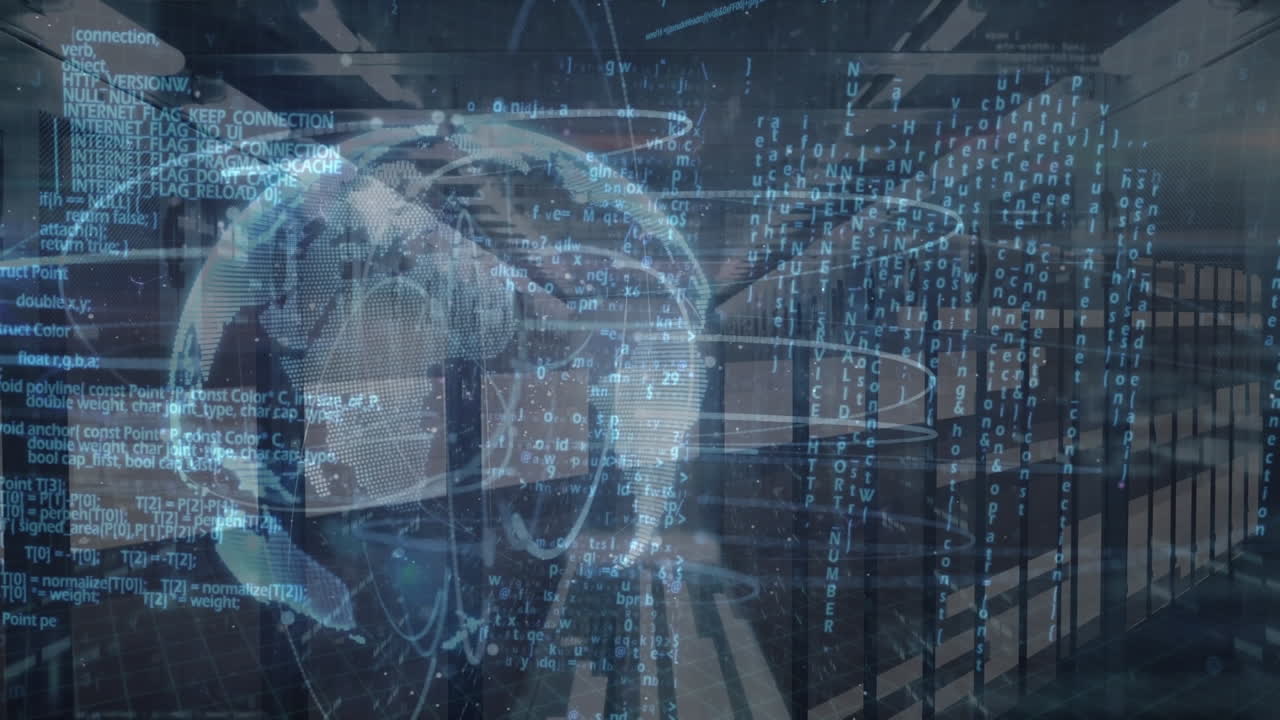 Animation of data processing and globe over server room