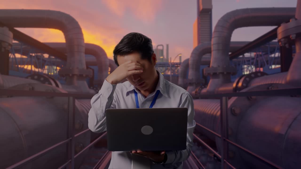 Asian Male Professional Worker Standing With His Laptop, Industrial Pipeline Network at Sunset, He Is Nodding His Head With Dissapionted