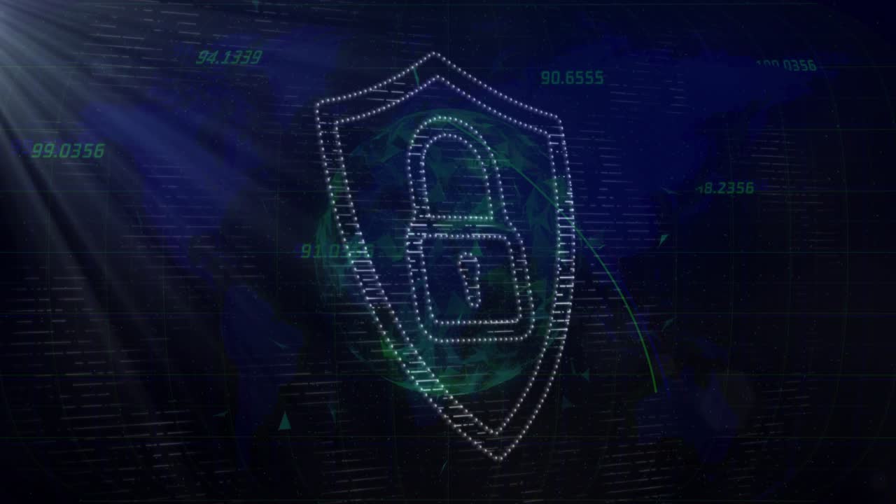 White light sweeping numeric grid starting pulsing green arcs forming padlock shield securing data
