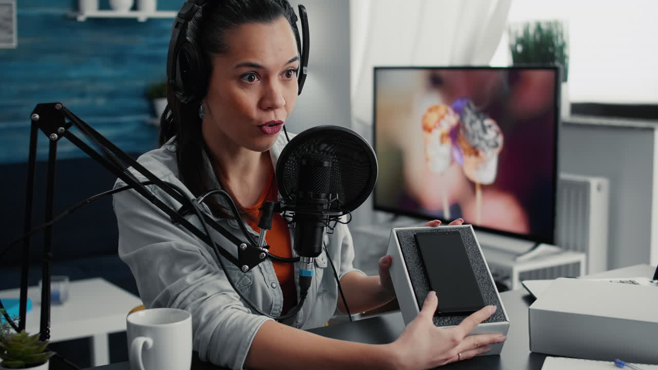 Tech enthusiast doing unboxing review video of new modern smartphone device