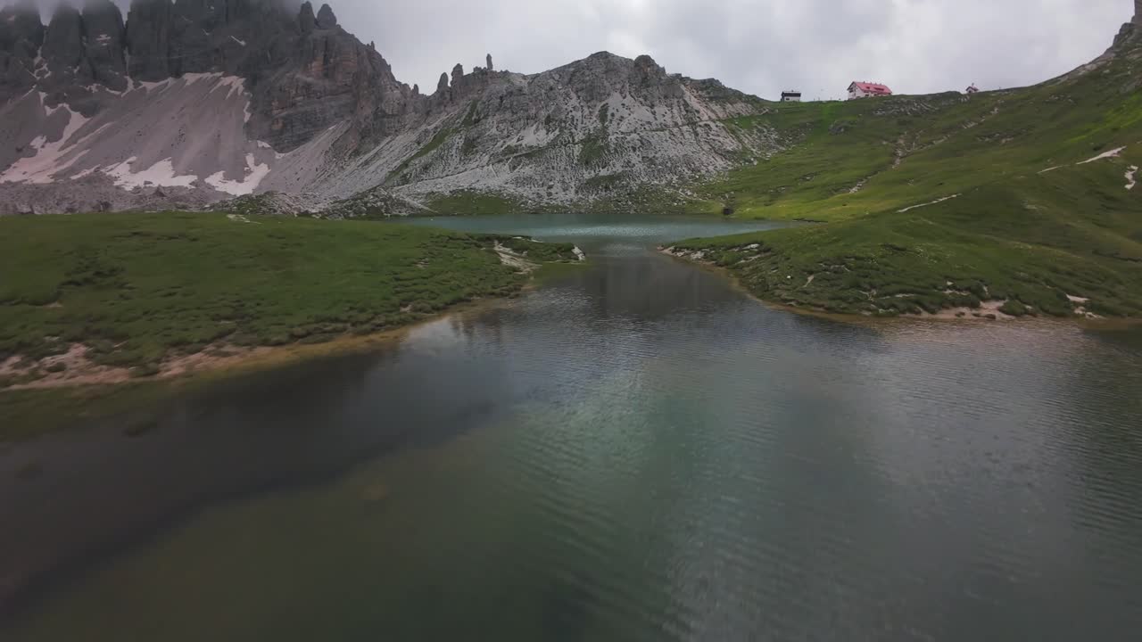 Aerial view of mountain landscape in the Dolomites, Italy on a sunny day