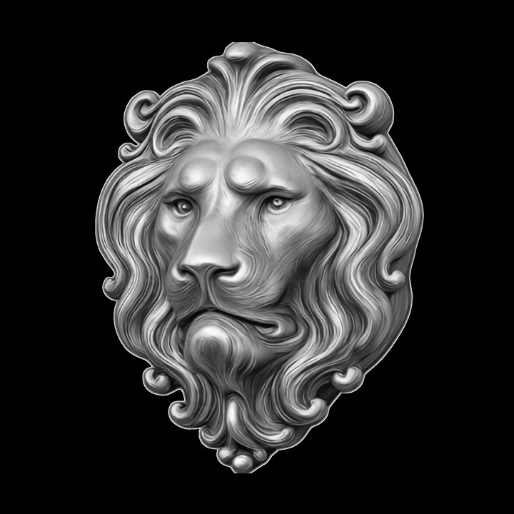 Rendering 3D di una scultura di testa di leone d'argento rotante