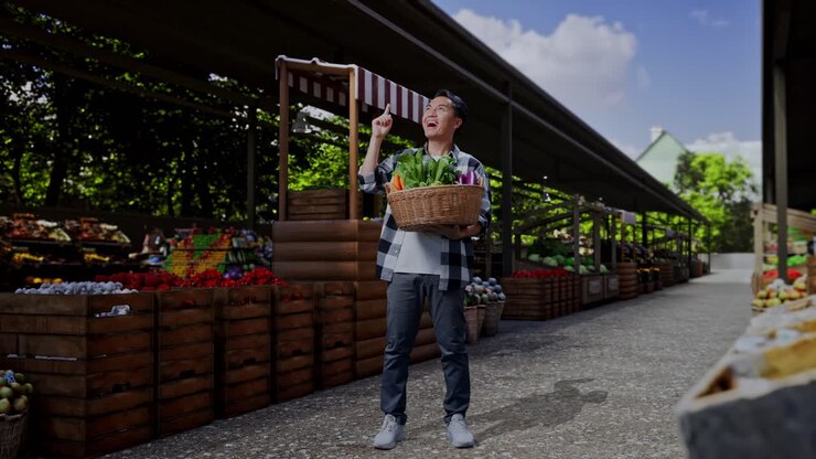 Agricoltore asiatico di corporatura robusta che trasporta un cesto di verdure, pensa a qualcosa e si guarda intorno, poi alza l'indice mentre si trova in un mercato agricolo