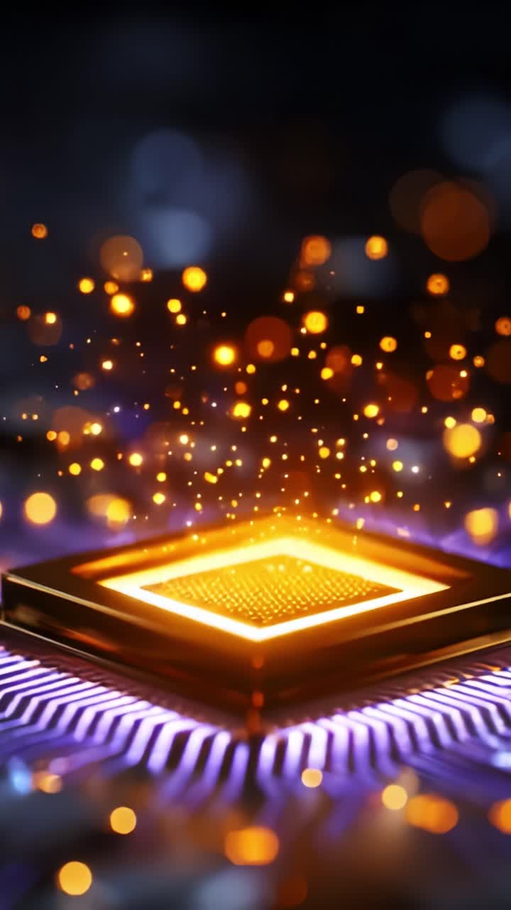 Un innovativo rilascio di microchip: scintille di energia e luce in una vetrina tecnologica, che evidenzia il futuro dell'informatica e della potenza di elaborazione