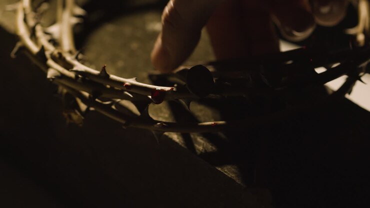 Religious Concept Shot With Droplets Of Blood On Crown Of Thorns With Wooden Cross And Nails 1