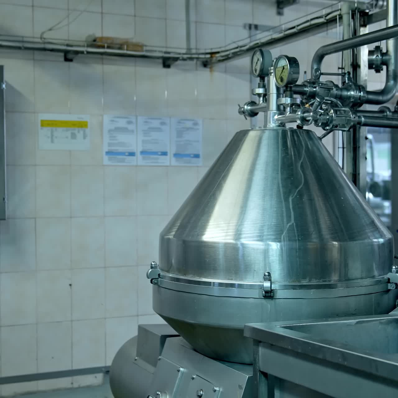 Modern milk production factory. Special appliances on a milk farm. Dairy factory industrial equipment. Factory machinery at dairy food production plant
