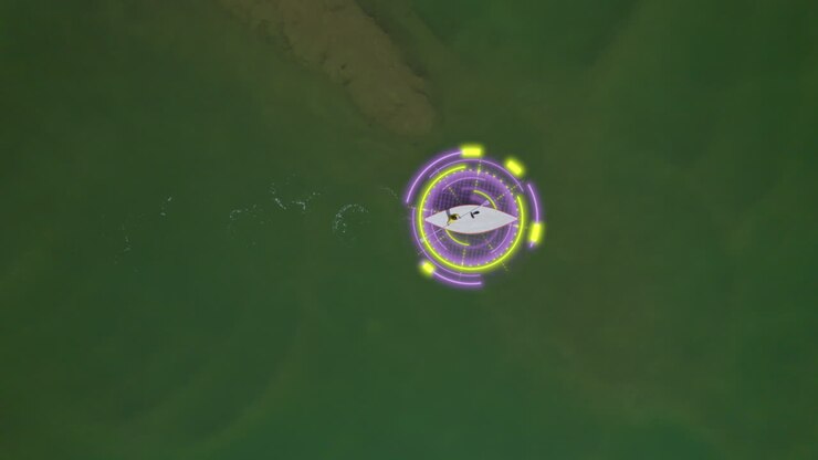 Digital scan of a lifeguard on a stand up paddle board in the Dead Sea about visitors who got salt water in their eyes - top down shot