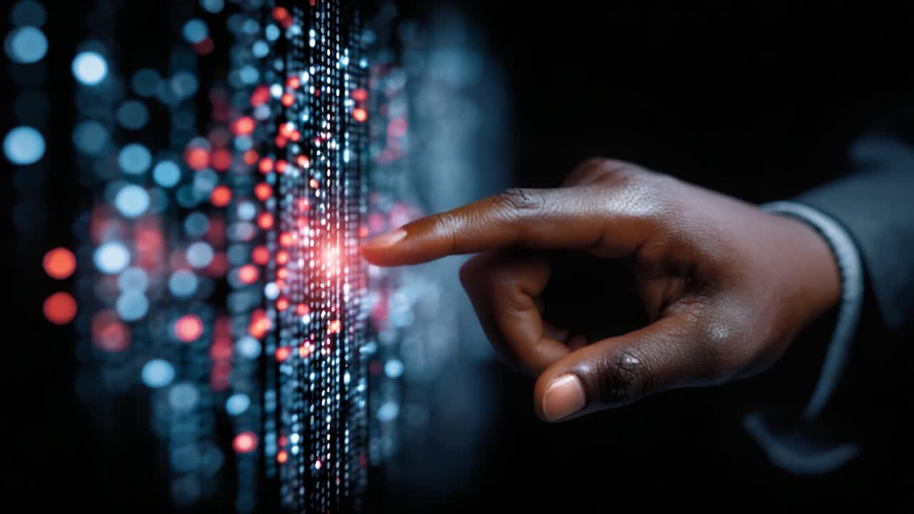 An Engaging Interaction with Digital Data: A Close-Up View of a Hand Touching a Vibrant Display of Light Patterns Representing Data Flow and Connectivity