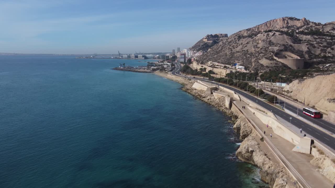 Aerial view of the coastal road and walk north of the city of Alicante, Spain.