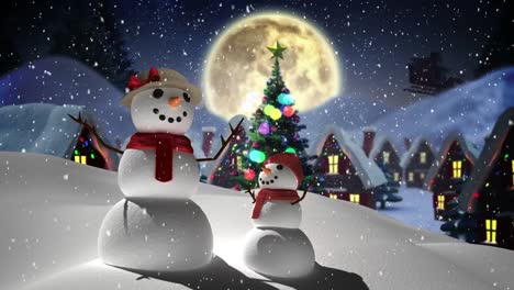 Digital-animation-of-snow-falling-over-female-and-kid-snowman-on-winter-landscape