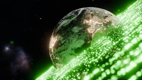 glowing earth showing illuminated europe, africa, asia with digital green particles in outer space. 3d rendering with night lights and energy wave. futuristic technology and global connection