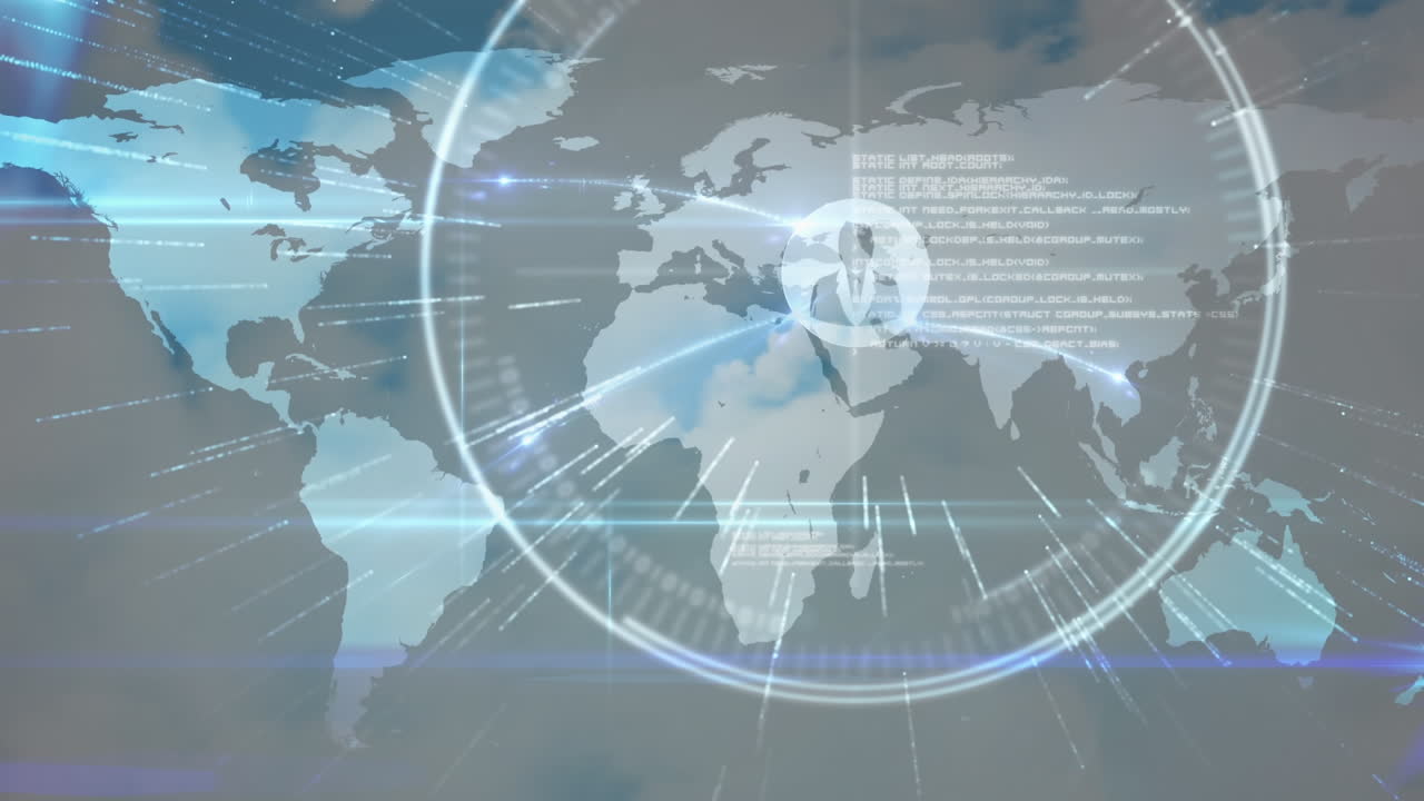 연결 네트워크의 애니메이션, 세계 지도 및 하늘에서 데이터 처리