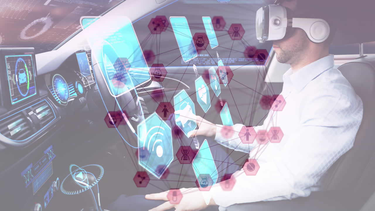 연결된 아이콘과 정보 디스플레이의 애니메이션과 자율주행 자동차를 사용하는 vr 헤드 ⁇