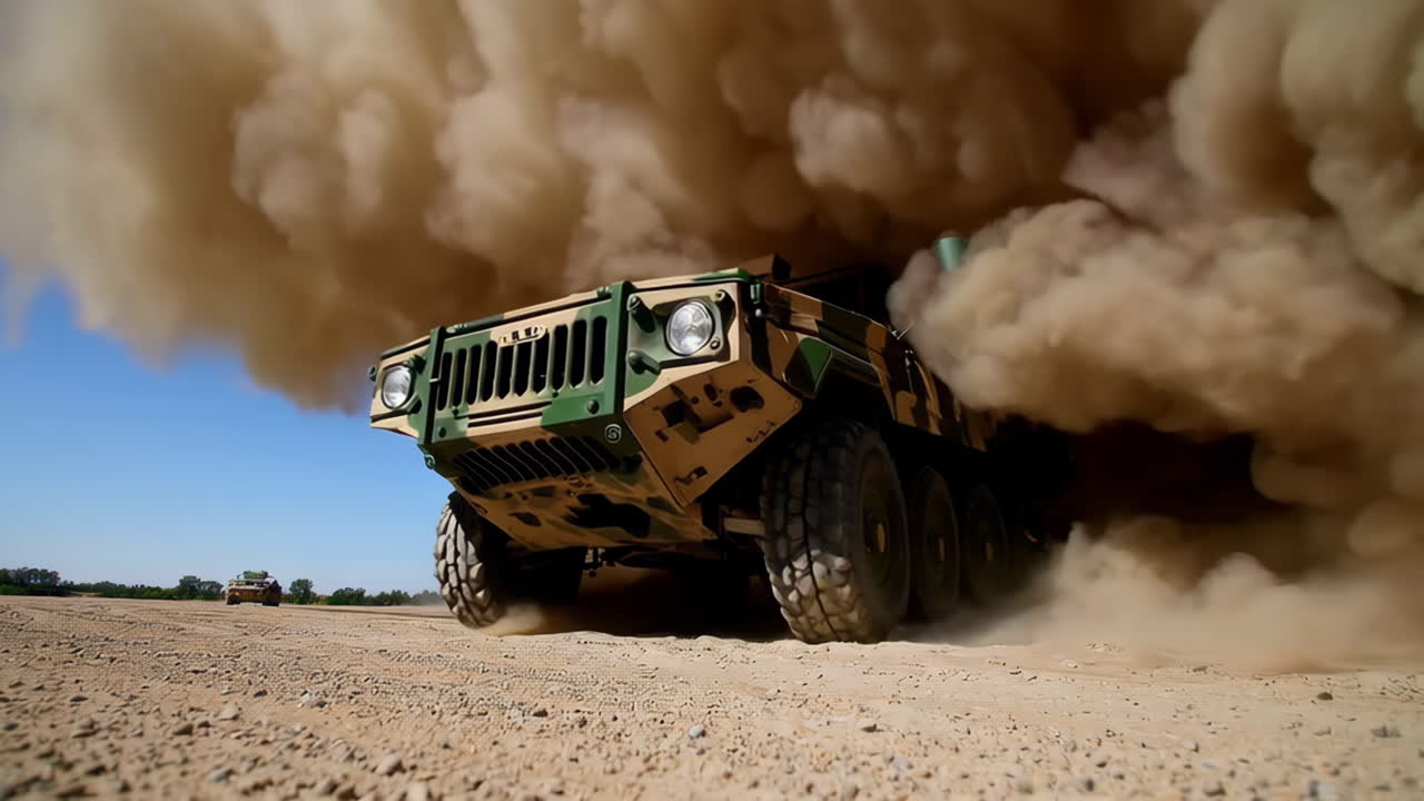Military Vehicle Driving Through a Sandstorm