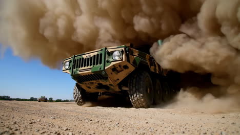 military vehicle driving through a sandstorm