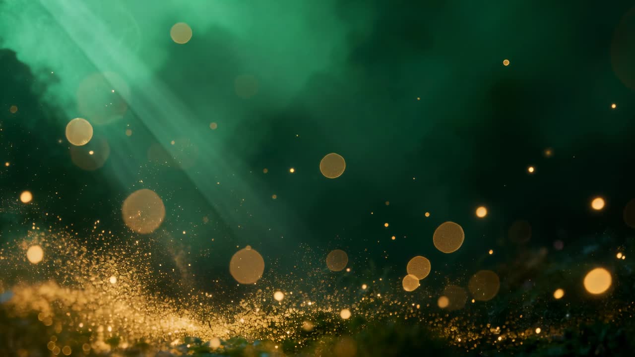 Glödande gyllene partiklar, med lyftande bokeh, svävar genom turkos dimma, utlösta av en vinklad grön stråle.