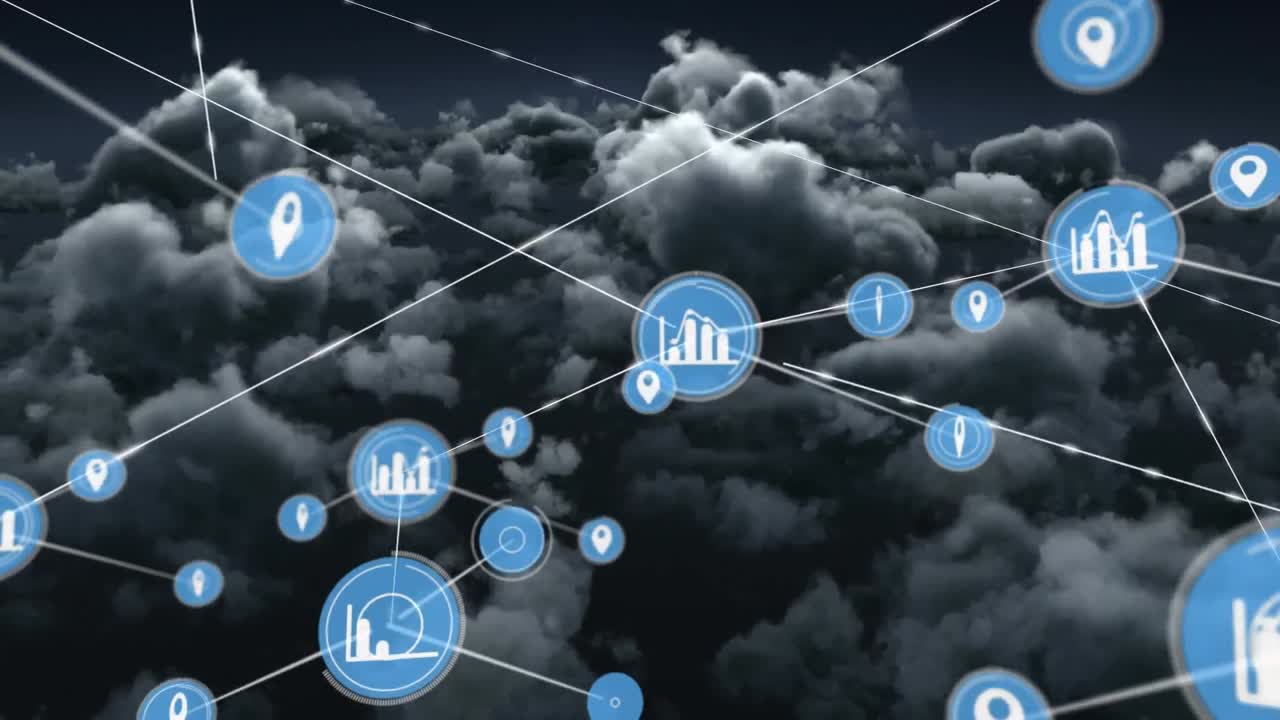 animación de redes de conexiones sobre nubes y cielo