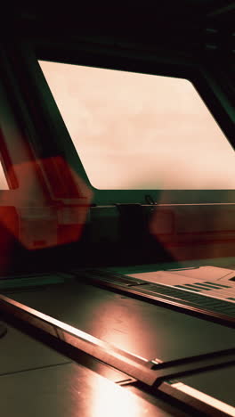 spaceship interior with view of sunset