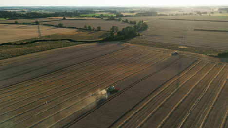 establecimiento de toma de drones de cosechadora y tractor con remolque hacia el sol a la hora dorada