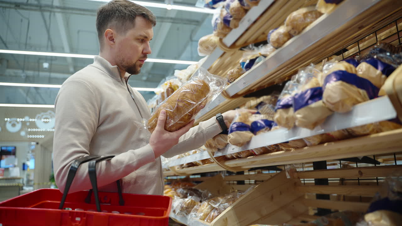 한 남자가 식료품 가게에서 을 구입하고 있다