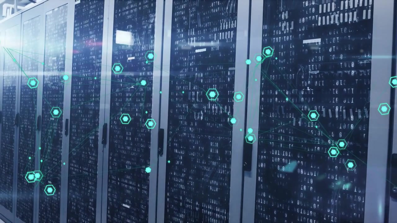 Server cabinets displaying growing turquoise nodes in DC, lens flare initiating data visualization
