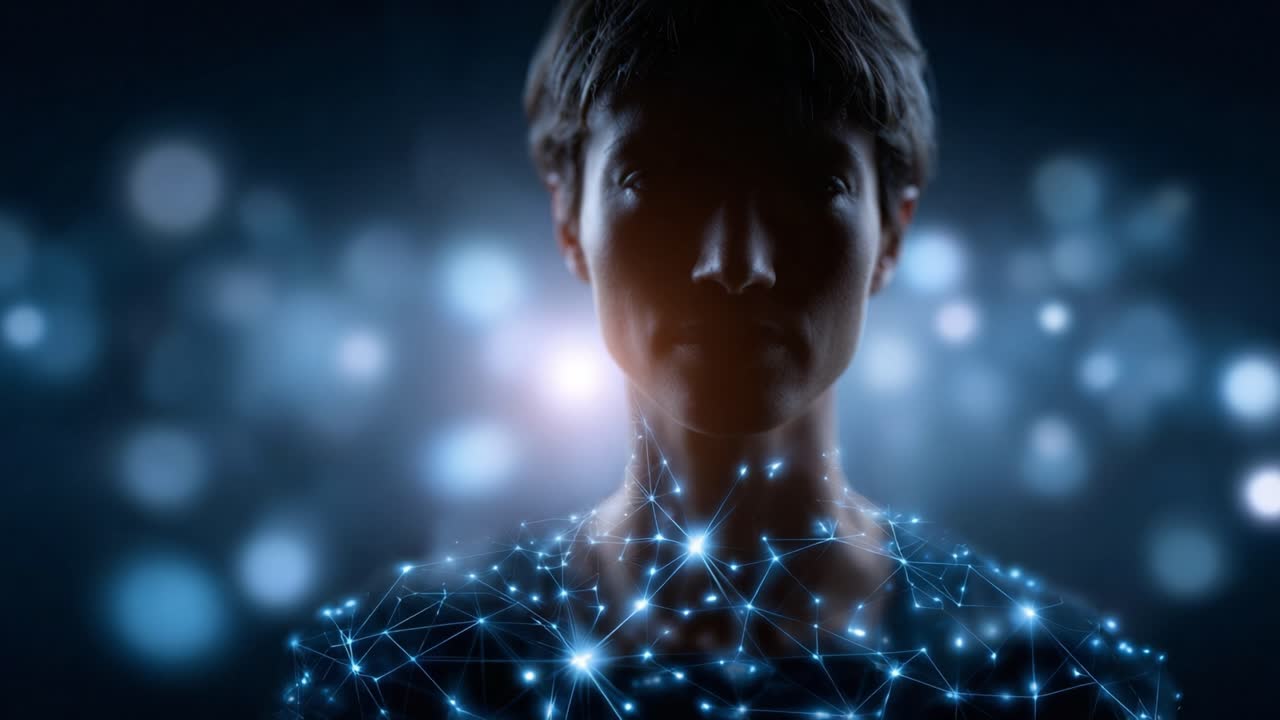 Illuminated Human Silhouette Surrounded by Digital Network Connections, Representing Technology and Human Interaction in a Futuristic Vision