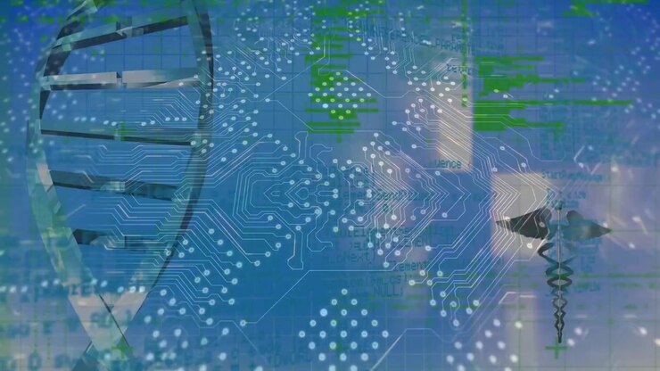 Animation of interference and dna strand over computer circuit board and data processing