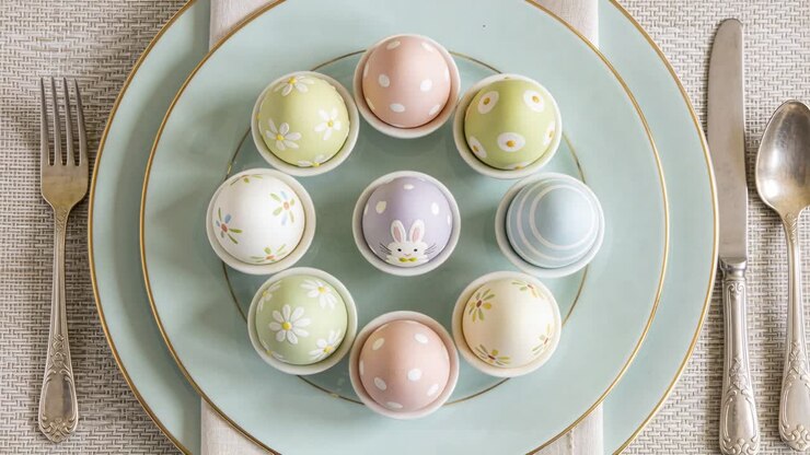 Camera pulling back, revealing nine pastel eggs, bunny center on mint plates, showing table decor