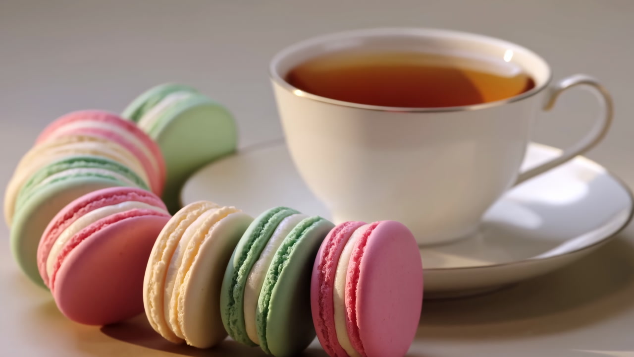 Cup Of Tea With Pastel Macarons Arranged On Saucer, Soft Warm Light, Smooth Porcelain Cup, Delicate French