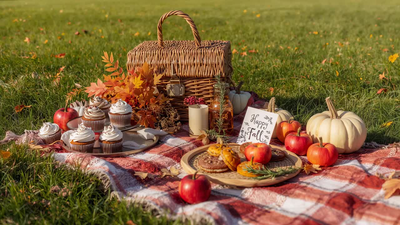 Camera focusing on fall picnic display on blanket in yard, with wicker basket, cupcakes, donuts