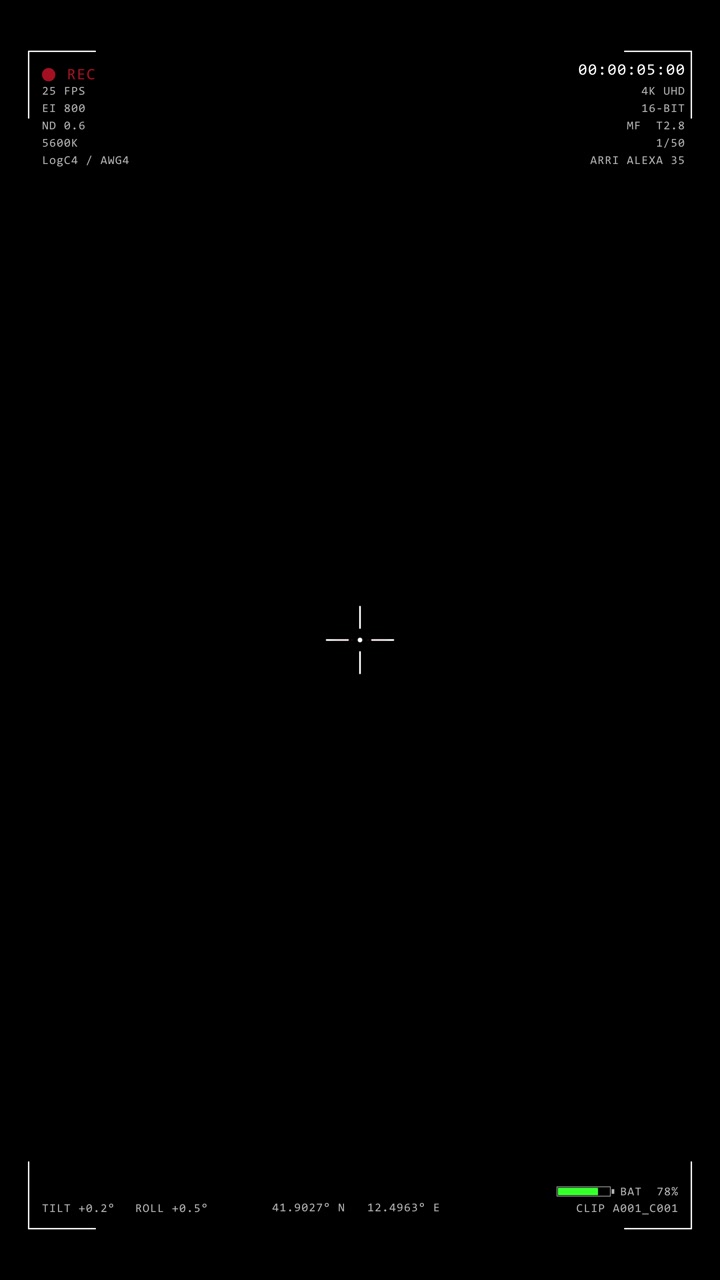 Vertical format professional digital cinema camera viewfinder display with settings and focus grid on black background